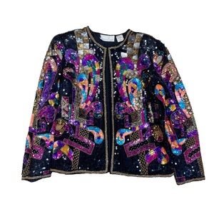 VTG Laurence Kazar Multi-Colored Sequin Beaded Silk Lined Evening Jacket